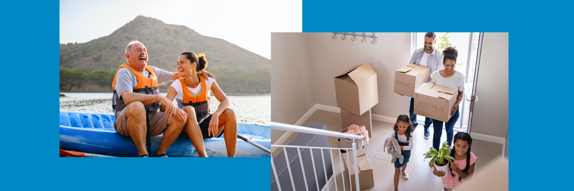 Collage of older man and daugher sitting on kayak and laughing